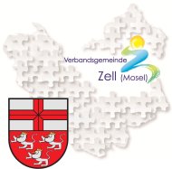 Darstellung Zeller Land (Hunsrück und Mosel) als Puzzle in Verbindung mit dem Wappen der Verbandsgemeinde Zell (Mosel)