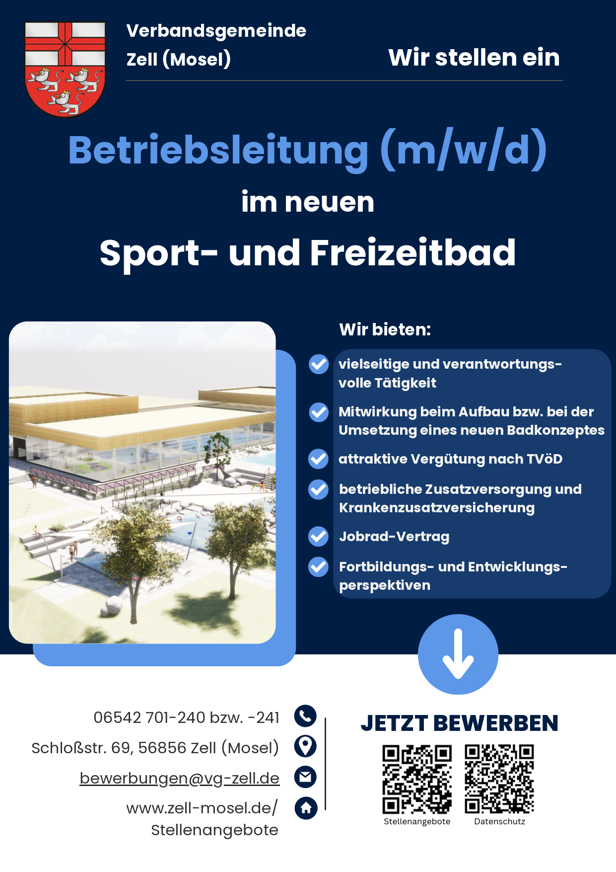 Stellenausschreibung Betriebsleitung (m/w/d) im neuen Sport- und Freizeitbad Flyer: Stellenausschreibung Betriebsleitung (m/w/d) im neuen Sport- und Freizeitbad