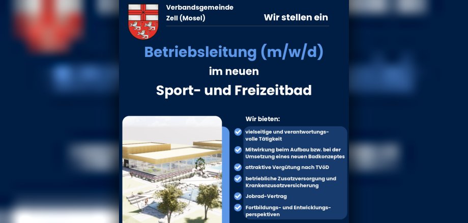 Stellenausschreibung Betriebsleitung (m/w/d) im neuen Sport- und Freizeitbad Flyer: Stellenausschreibung Betriebsleitung (m/w/d) im neuen Sport- und Freizeitbad