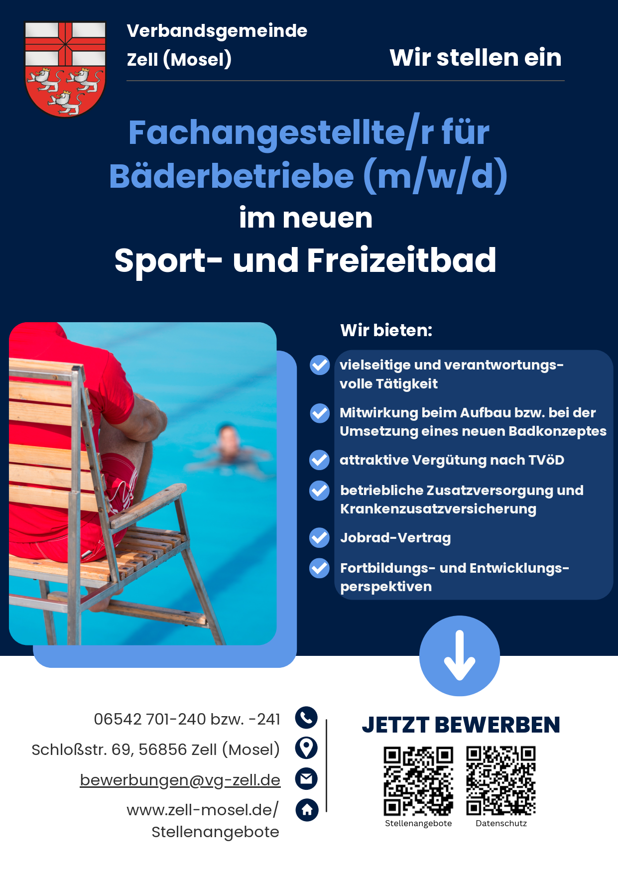 Stellenausschreibung Fachangestellte/r für Bäderbetriebe (m/w/d) im neuen Sport- und Freizeitbad Flyer: Stellenausschreibung Fachangestellte/r für Bäderbetriebe (m/w/d) im neuen Sport- und Freizeitbad