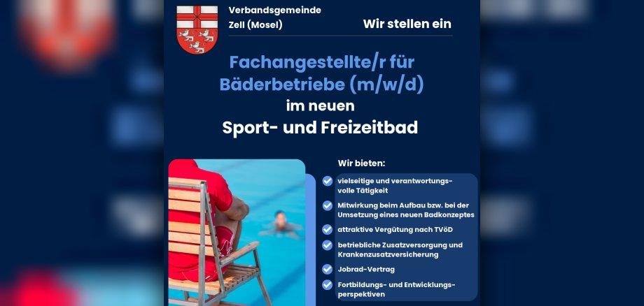 Stellenausschreibung Fachangestellte/r für Bäderbetriebe (m/w/d) im neuen Sport- und Freizeitbad Flyer: Stellenausschreibung Fachangestellte/r für Bäderbetriebe (m/w/d) im neuen Sport- und Freizeitbad