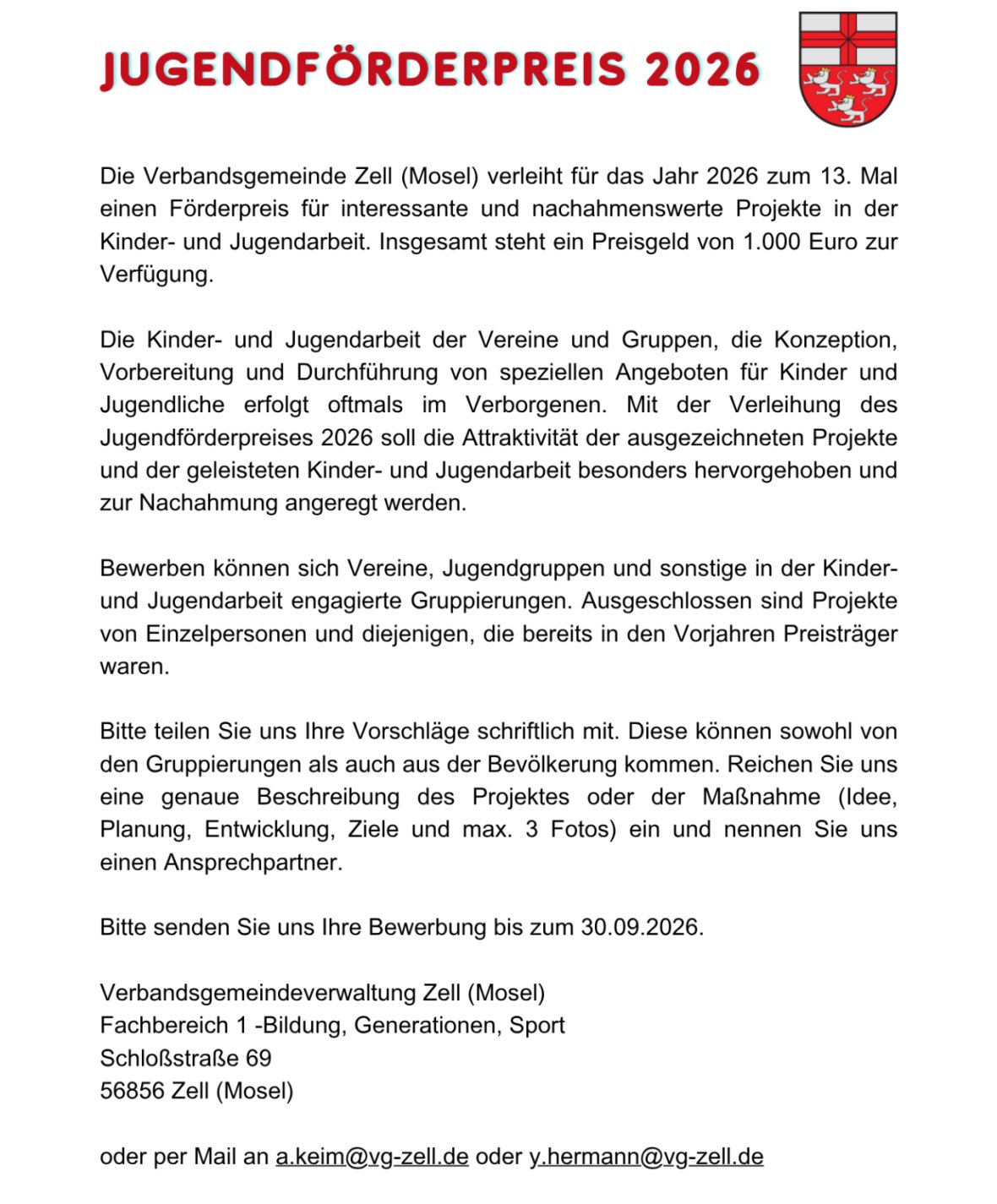 Jugendförderpreis 2026 Text zum Jugendförderpreis 2026